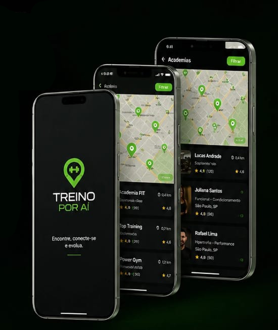 Treino Por Aí – aplicativo fitness mostrando academias e personal trainers próximos